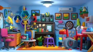 3D low-poly colorful room interior showcasing cute furniture pack with chairs, desks, electronics, decorations and household items in vibrant cartoon style
