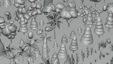 Low poly 3D vegetation wireframe models showing technical mesh structure for game development assets