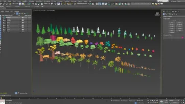 3ds Max software interface displaying organized low poly vegetation pack with trees and plants collection