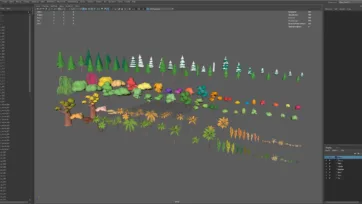 Autodesk Maya viewport showcasing complete low poly 3D vegetation pack with organized asset library