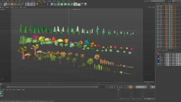 Cinema 4D software interface displaying comprehensive low poly vegetation collection for 3D environments