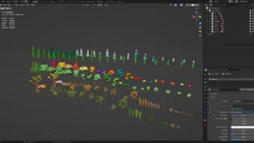 Blender 3D software viewport showing complete low poly vegetation pack with trees palms and plants