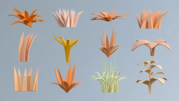 Low poly 3D autumn colored grass and plant collection with orange and brown foliage vegetation