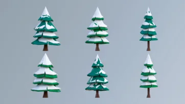 Low poly 3D winter pine trees with snow accumulation for seasonal forest vegetation environments