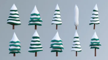 Low poly 3D snow-covered pine trees collection for winter forest and cold climate vegetation scenes