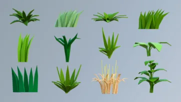 Low poly 3D grass and plant foliage collection with various leaves and ground vegetation assets