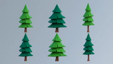 Low poly 3D detailed pine trees with layered branches for realistic forest vegetation environments