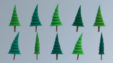 Low poly 3D conifer trees collection with various pine and fir styles for forest vegetation assets