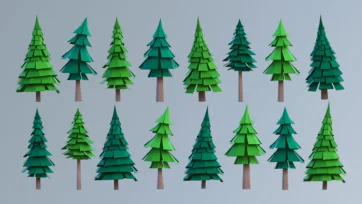 Low poly 3D pine trees collection with detailed evergreen vegetation assets in various shades