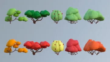 Low poly 3D stylized trees collection with umbrella-shaped canopies and colorful vegetation