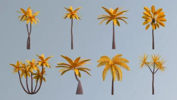 Low poly 3D autumn colored palm trees and tropical vegetation with golden orange foliage