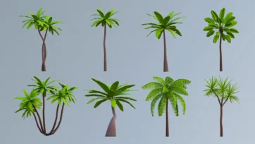Low poly 3D tropical palm trees set with various coconut palm and jungle vegetation assets