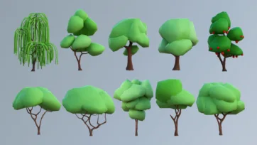 Low poly 3D green trees collection featuring various forest vegetation and foliage assets