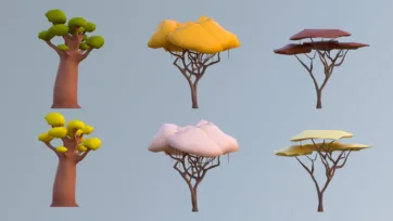 Low poly 3D African savanna trees including baobab and acacia style vegetation assets