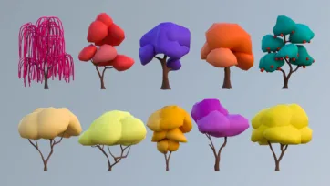 Low poly 3D collection of colorful stylized trees including willow, fruit trees and various vegetation types