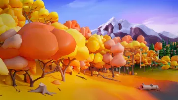 Low poly 3D autumn forest landscape with colorful trees, mountains and stylized vegetation assets for game development