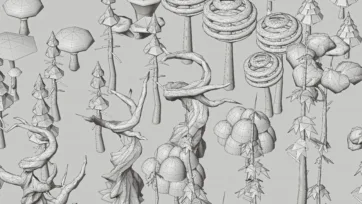 Detailed wireframe view of low poly 3D vegetation assets showing clean mesh topology and geometric structure