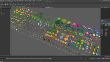 Complete low poly 3D vegetation pack organized in Maya software showing comprehensive asset collection