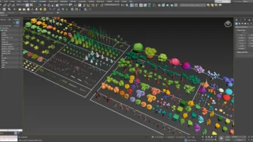 Extensive low poly 3D vegetation pack displayed in 3ds Max showing full asset range and organization
