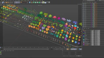 Low poly 3D vegetation pack showcased in Cinema 4D with comprehensive asset library organization