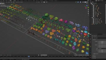 Complete low poly 3D vegetation pack displayed in Blender editor showing organized asset collection
