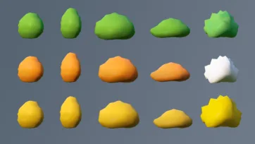 Collection of low poly 3D rocks, stones, and boulders in green, orange, yellow, and white color variations