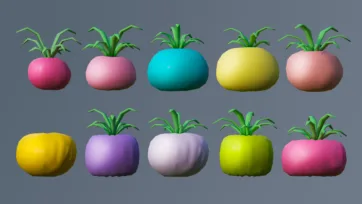 Colorful low poly 3D turnips and radishes with green tops in fantasy colors including pink, blue, and purple