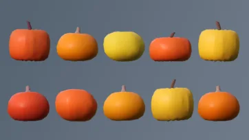 Low poly 3D pumpkins and gourds in autumn colors including orange, yellow, and red variations