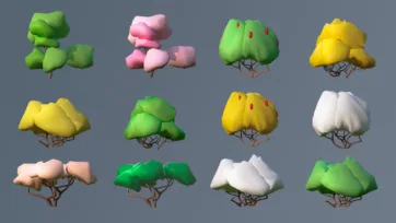 Low poly 3D bush and shrub clusters with chunky foliage in various colors and branch structures