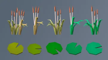 Wetland low poly 3D vegetation including cattails with brown tops and lily pads for pond environments