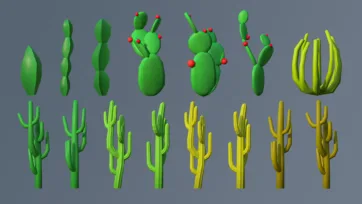 Desert low poly 3D cacti collection featuring various species including prickly pear and saguaro cacti