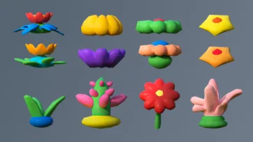 Low poly 3D flowers and water lilies with colorful petals and simple geometric designs
