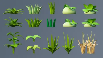 Low poly 3D grass clusters, small plants, and ground vegetation in various green shades and sizes