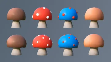 Classic toadstool low poly 3D mushrooms with spotted caps in brown, red, and blue variations
