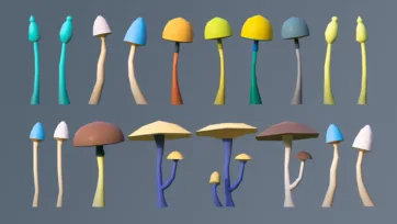 Collection of colorful low poly 3D mushrooms with various cap shapes and stem designs in bright colors