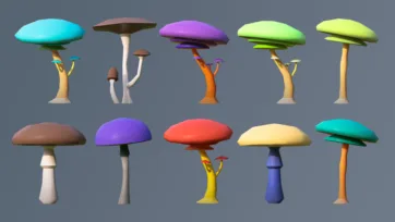 Colorful fantasy low poly 3D mushrooms with flat caps and varied stems in vibrant colors