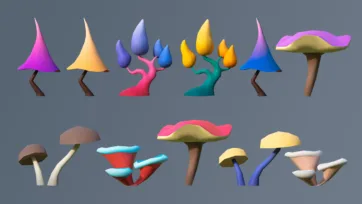 Fantasy alien low poly 3D trees with cone-shaped canopies, colorful mushrooms, and sci-fi vegetation