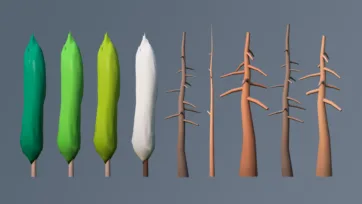 Minimalist low poly 3D trees and trunks with simple oval leaves and bare branch variations