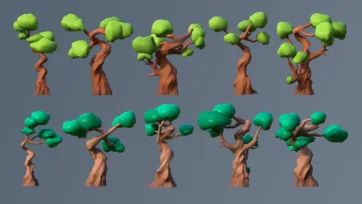 Artistic twisted low poly 3D bonsai-style trees with curved trunks and green foliage clusters