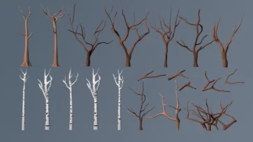 Low poly 3D birch trees with bare branches, white bark patterns, and individual branch elements