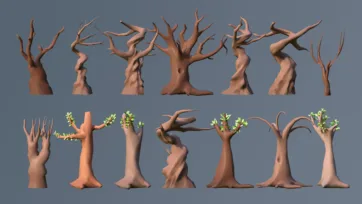 Twisted and gnarled low poly 3D dead trees with dramatic bare branches and some spring growth
