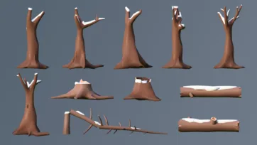 Winter low poly 3D bare tree branches and trunks with snow-covered elements for seasonal environments
