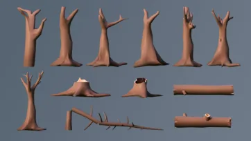 Collection of bare low poly 3D tree trunks, stumps, fallen logs, and branch elements for forest scenes
