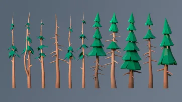 Low poly 3D tree growth progression from bare trunks to fully developed evergreen trees with green foliage