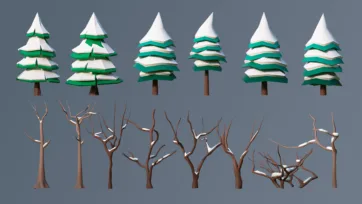 Winter low poly 3D trees featuring snow-covered evergreens and bare deciduous trees with branches