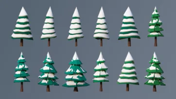 Winter low poly 3D trees with snow-covered green and white striped foliage layers