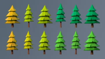 Autumn-themed low poly 3D evergreen trees with gradient colors from orange to green foliage