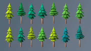 Mixed collection of low poly 3D evergreen trees with varied shapes and green to blue color palette