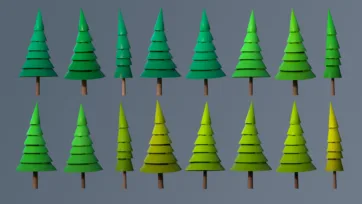 Low poly 3D evergreen conifer trees featuring segmented layers in green to yellow gradient colors