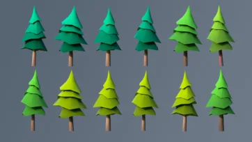 Smooth style low poly 3D coniferous trees with clean geometric layers in green tones
